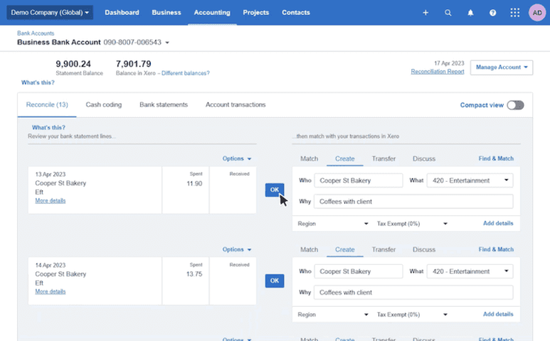 In-product image of bank reconciliation memorisation in Xero.